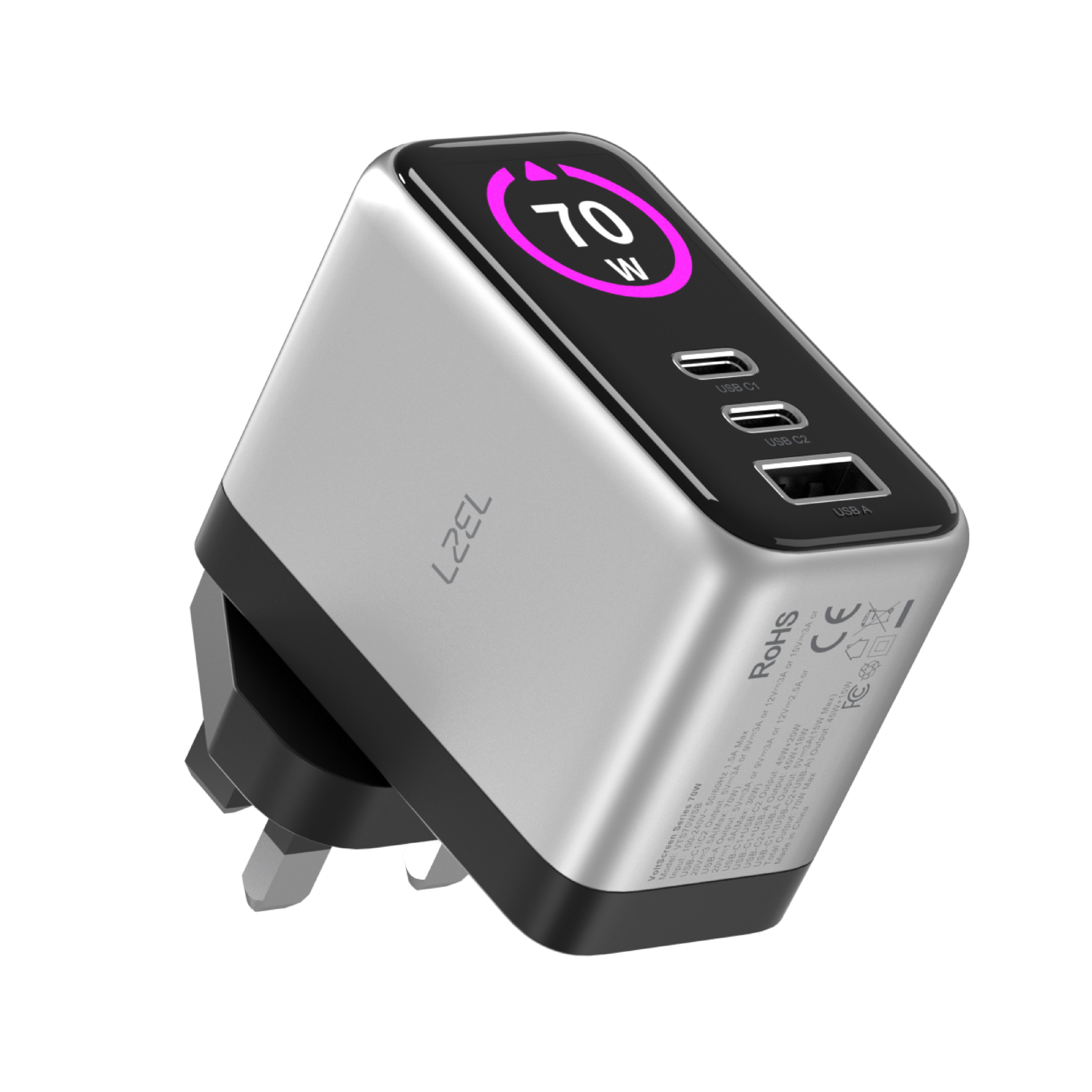 LZEL 70W GaN Travel Charger with 3-Port PD Digital Display & UK/EU/AU Plugs | Silver/Black LZEL 70W GaN Travel Charger with 3-Port PD Digital Display & UK/EU/AU Plugs | Silver/Black